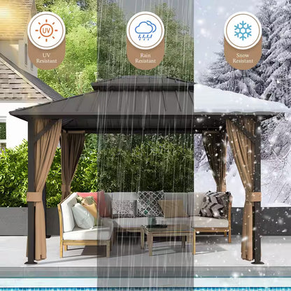 12 Ft. X 20 Ft. Double Galvanized Steel Roof Aluminum Frame Outdoor Patio Hardtop Gazebo with Netting and Curtains