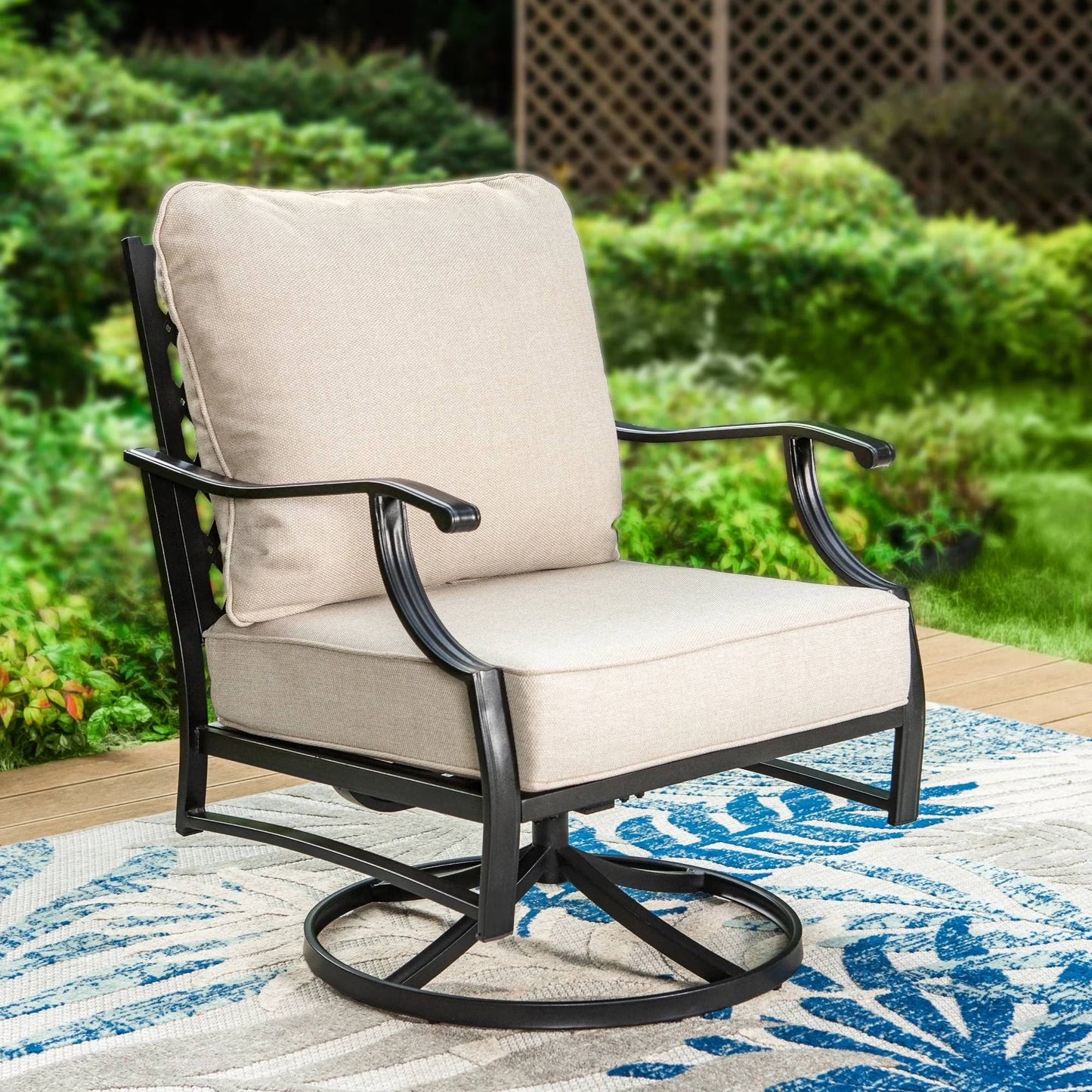 7-Seater Patio Conversation Set Metal Outdoor Furniture Set with Swivel Chairs and Ottomans - Beige