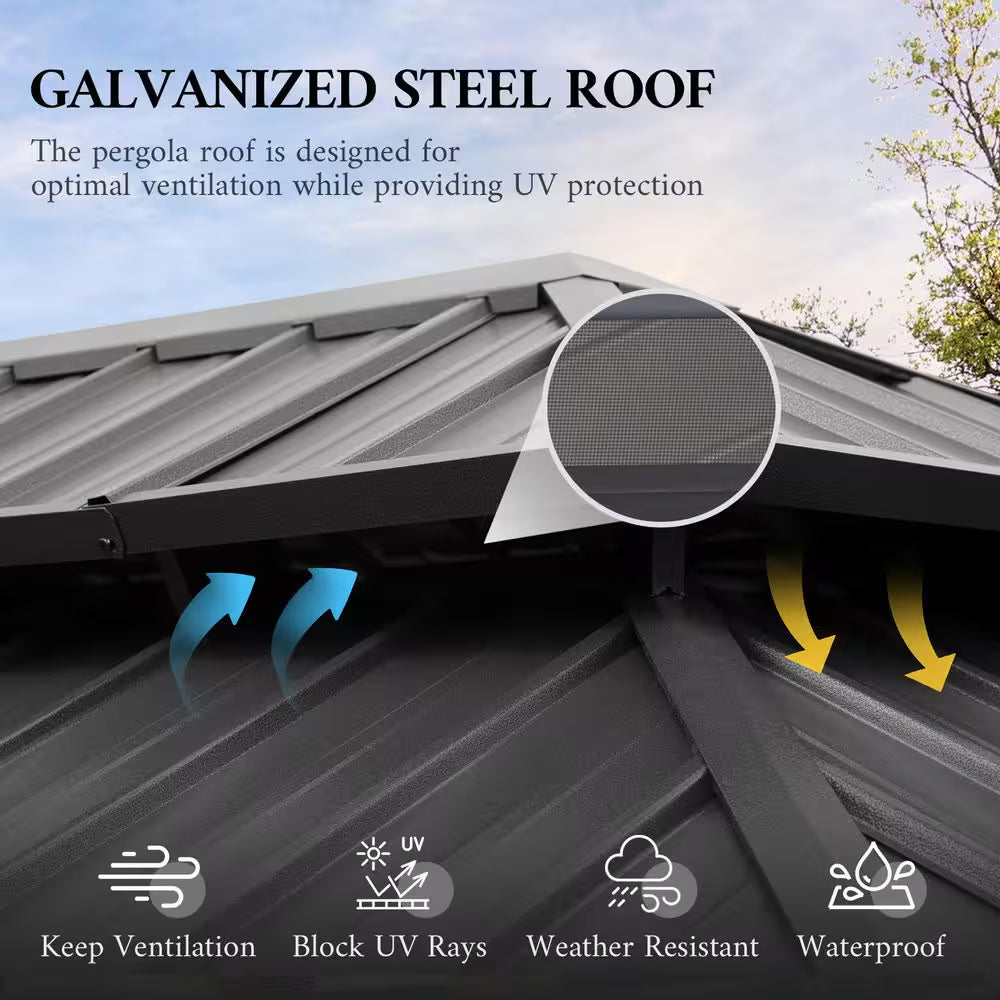 12 Ft. X 20 Ft. Double Galvanized Steel Roof Aluminum Frame Outdoor Patio Hardtop Gazebo with Netting and Curtains