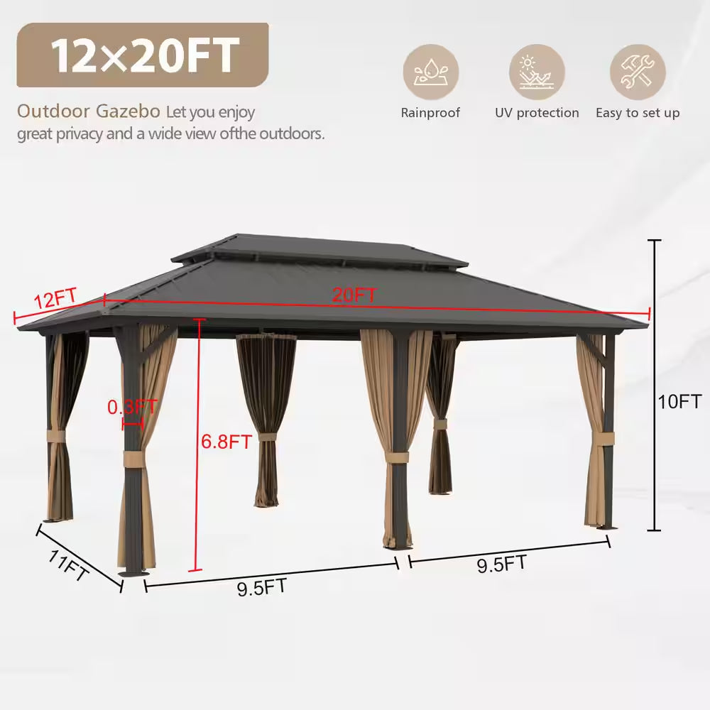 12 Ft. X 20 Ft. Double Galvanized Steel Roof Aluminum Frame Outdoor Patio Hardtop Gazebo with Netting and Curtains
