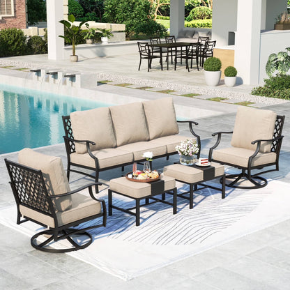 7-Seater Patio Conversation Set Metal Outdoor Furniture Set with Swivel Chairs and Ottomans - Beige