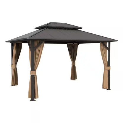 12 Ft. X 20 Ft. Double Galvanized Steel Roof Aluminum Frame Outdoor Patio Hardtop Gazebo with Netting and Curtains