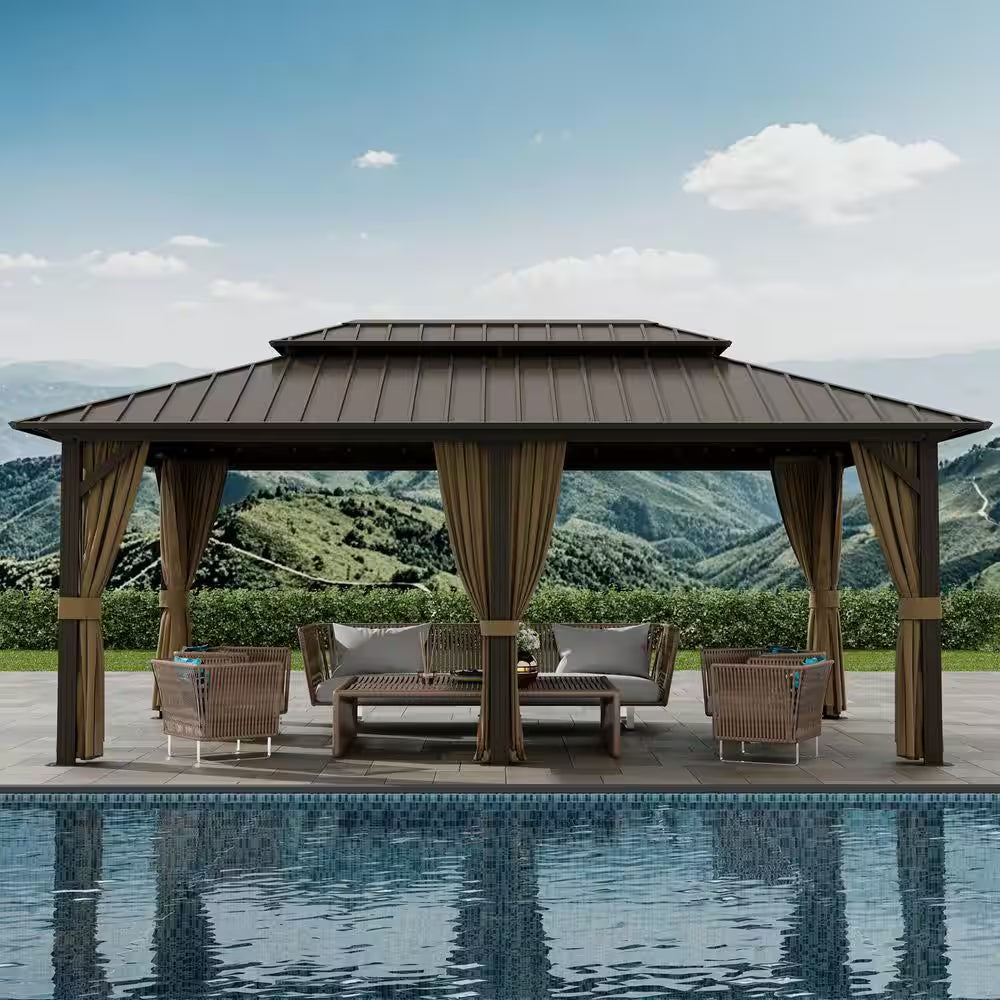 12 Ft. X 20 Ft. Double Galvanized Steel Roof Aluminum Frame Outdoor Patio Hardtop Gazebo with Netting and Curtains