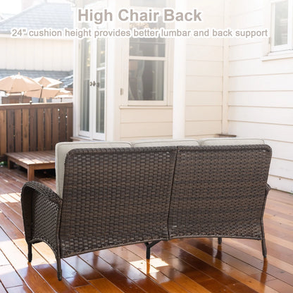 7 Piece Outdoor Patio Furniture Set, Patio Furniture Set with Fire Pit Table Rattan Wicker Patio Furniture Set, Brown Wicker & Beige Cushion
